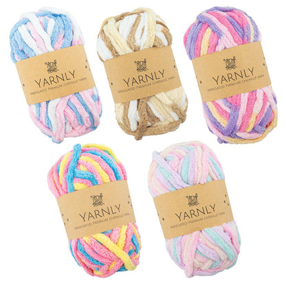 Five skeins of colorful yarn with 'Yarnly' labels on a white background